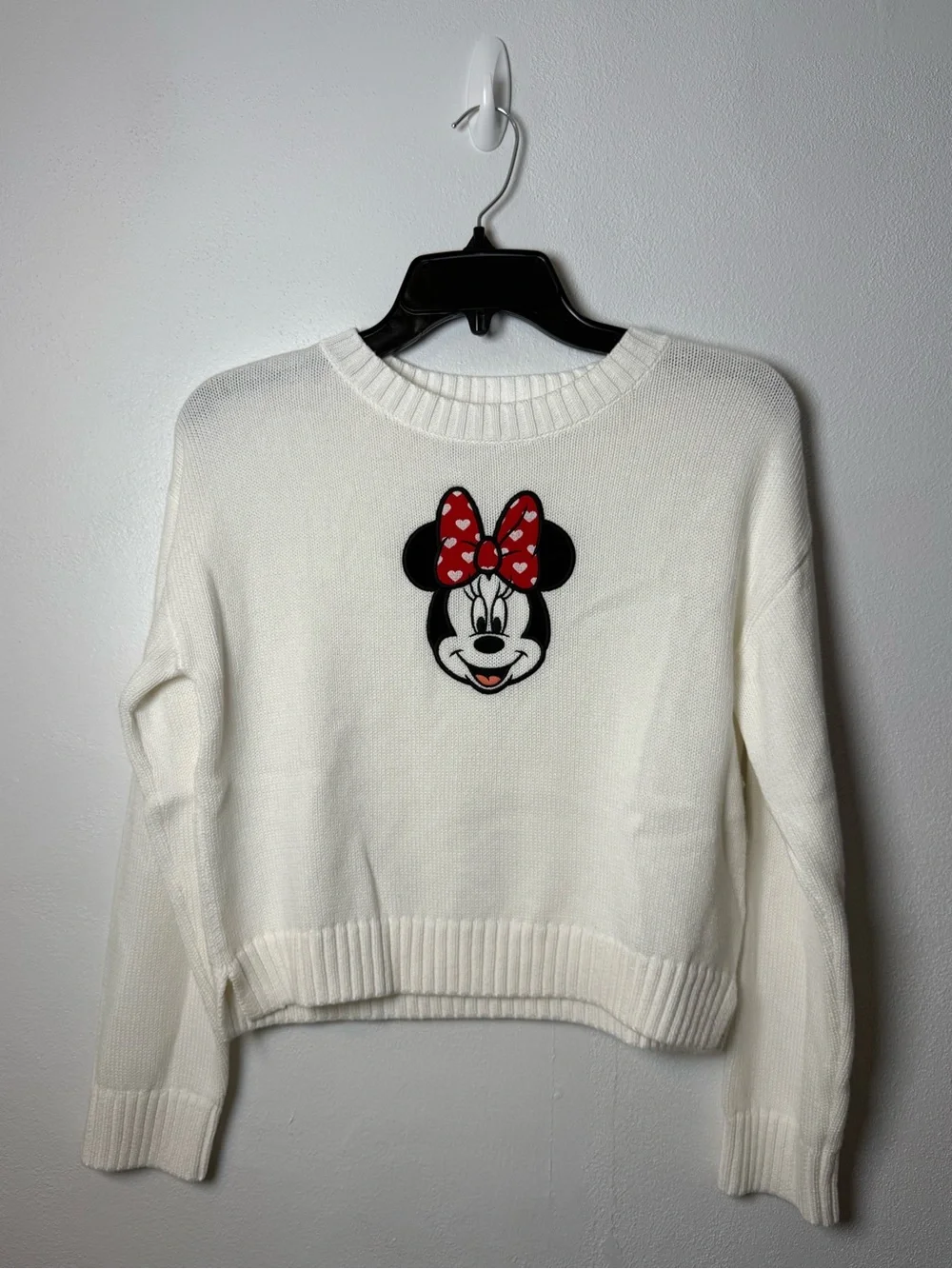 Old Navy White Crewneck Sweater with Red Minnie Bow Accent